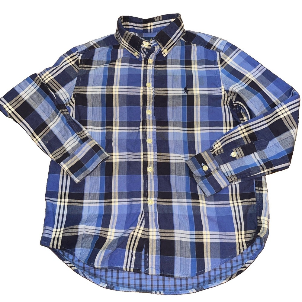 Boys Ralph Lauren Blue Plaid Button Down Shirt Long Sleeve 10-12 Preppy